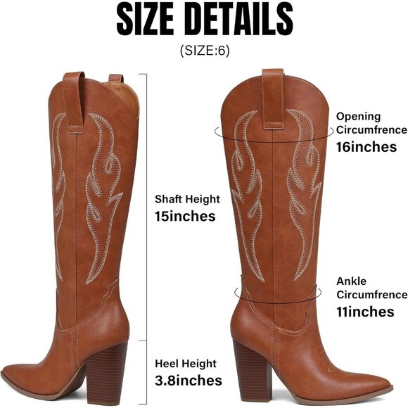 Women's Brown Pu Rhinestones Embroidered Pointed Toe Chunky Heel Knee High Boots - Picture 6 of 7